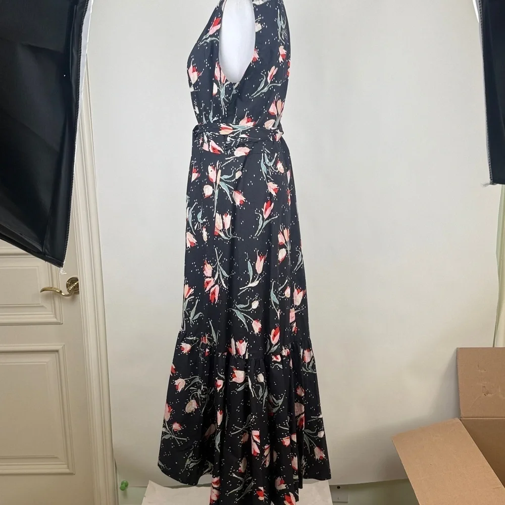Rebecca Taylor Ikat Tulip Wrap Dress Tie Waist Black Floral Poplin Ruffles Sz 12